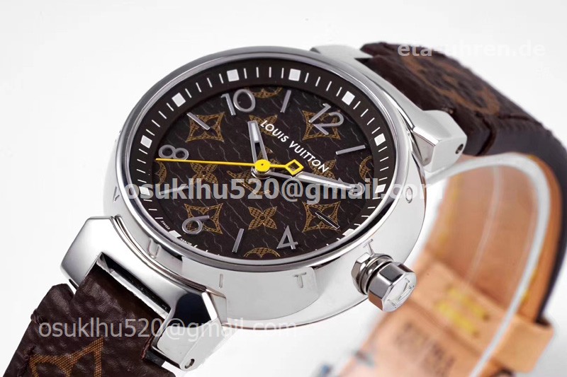 LV Tambour Slim Monogram Stahl auf Lederarmband Damenuhren Quartz Braun 1:1 LV Tambour Slim Monogram Stahl auf Lederarmband Damenuhren Quartz Braun 1:1