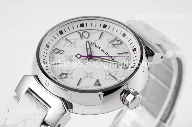 LV Tambour Slim Monogram Stahl auf Lederarmband Damenuhren Quartz Weißes 1:1 LV Tambour Slim Monogram Stahl auf Lederarmband Damenuhren Quartz Weißes 1:1