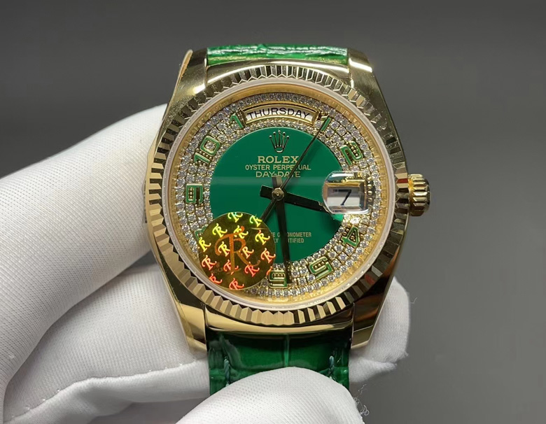 Rolex Day-Date 36 Yellow Gold Diamond Paved Dial Green Leather Watch 118138 Rolex Day-Date 36 Yellow Gold Diamond Paved Dial Green Leather Watch 118138